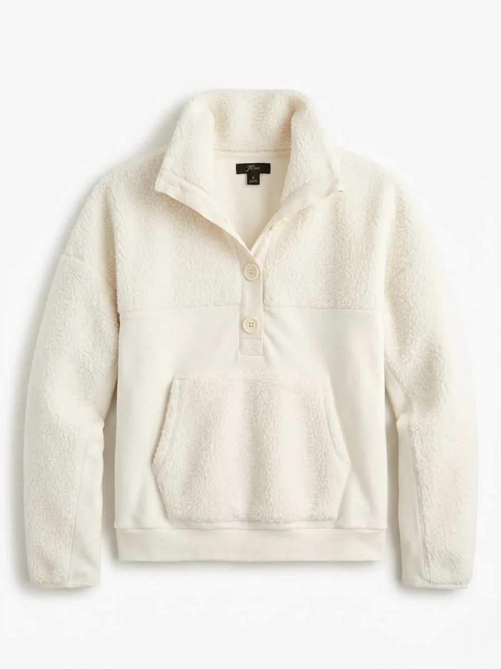 J Crew Teddy Sherpa Button Sweatshirt M Cozy Après Ski Minimalist Cream Ivory